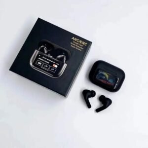 Black A9 Pro ANC Bluetooth 5.4 wireless earbuds with smart screen