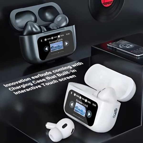 Close-up of black A9 Pro wireless earbuds with ANC