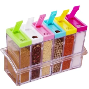 Set of 6 spice jars with dispenser rack for kitchen storage